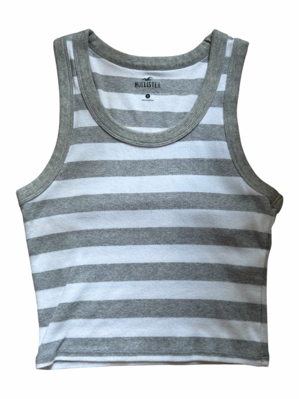 Hollister White and Gray Striped Ribbed Tank